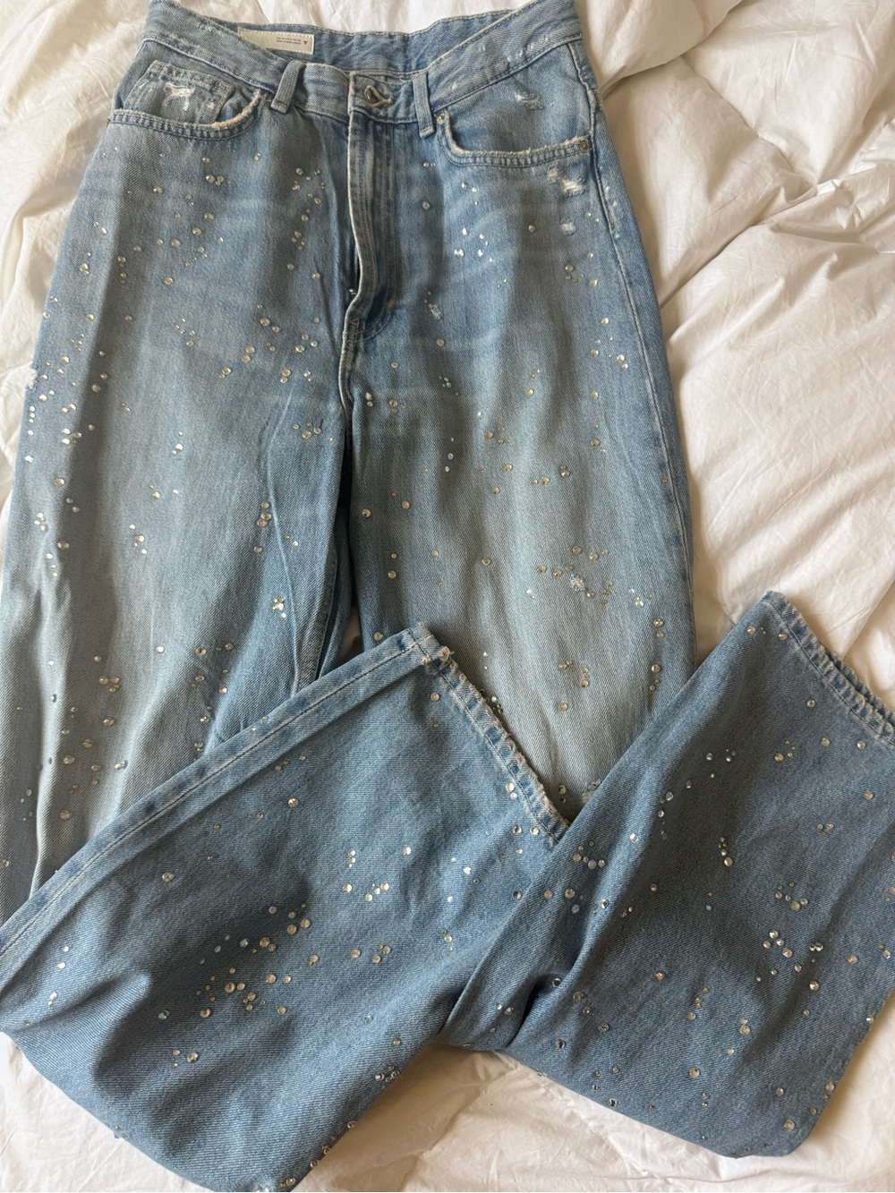 Zara Light Blue Sequin-Embellished Wide Leg Jeans